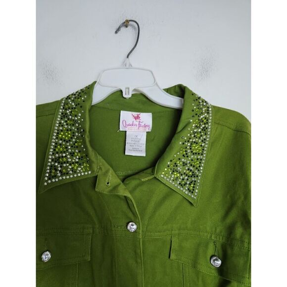 Quacker Factory Green w/Studded Detail Cotton Button Up Jacket size 1X - Picture 8 of 9